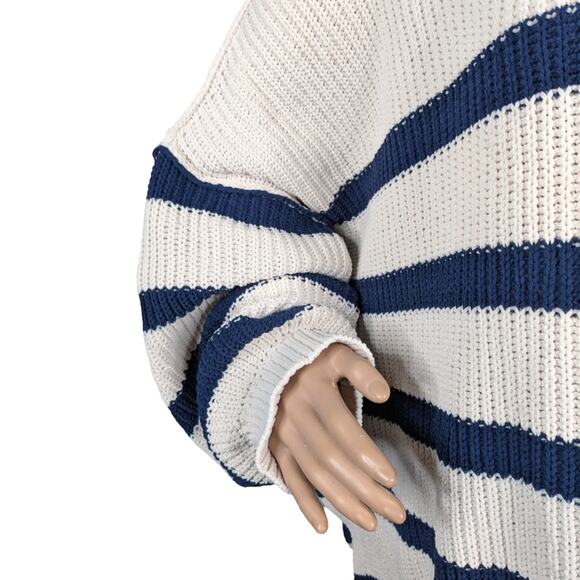 Aerie Ivory Navy Blue Stripe Chunky Ribbed Chenille Oversized Sweater SZ XL - Picture 5 of 10